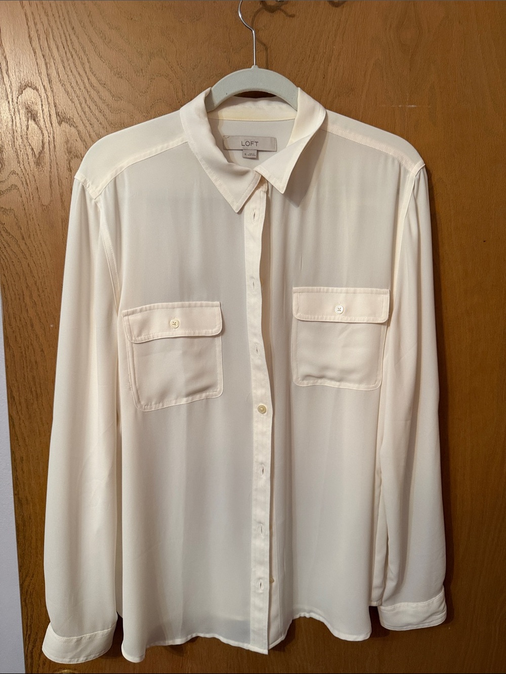 LOFT Cream Long-Sleeve Button-Up Shirt with Flap Pockets